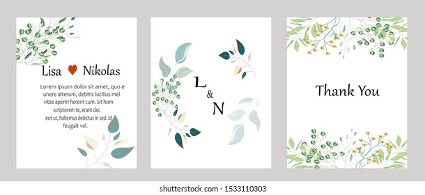 Tarjetas vectoras con flores dibujadas a mano, hojas. Diseño botánico para banner, boda, afiche, invitación, portada, pancarta, folleto, cabecera.