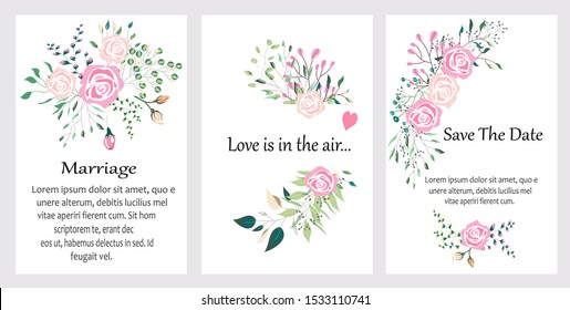 Vector cards with hand drawn flowers,leaves. Botanic  Design for banner, wedding, poster, invitation, cover, placard, brochure, header.