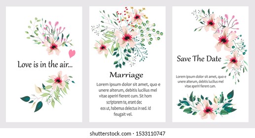 Vector cards with hand drawn flowers,leaves. Botanic  Design for banner, wedding, poster, invitation, cover, placard, brochure, header.
