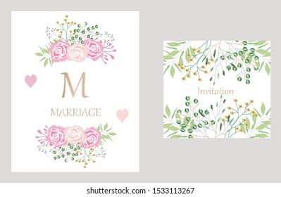 Vector cards with hand drawn flowers,leaves. Botanic  Design for banner, wedding, poster, invitation, cover, placard, brochure, header.