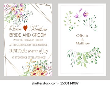 Vector cards with hand drawn flowers,leaves and geometric. Botanic  Design for banner, wedding, poster, invitation, cover, placard, brochure, header.