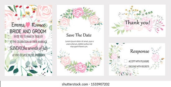 Vector cards with hand drawn flowers,leaves. Botanic  Design for banner, wedding, poster, invitation, cover, placard, brochure, header.
