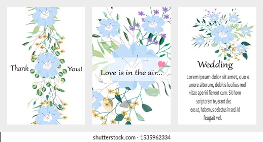 Vector cards with hand drawn flowers,leaves. Botanic  Design for banner, wedding, poster, invitation, cover, placard, brochure, header.
