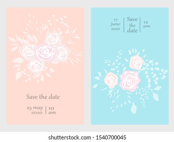 Vector cards with hand drawn flowers,leaves. Botanic  Design for banner, wedding, poster, invitation, cover, placard, brochure, header.