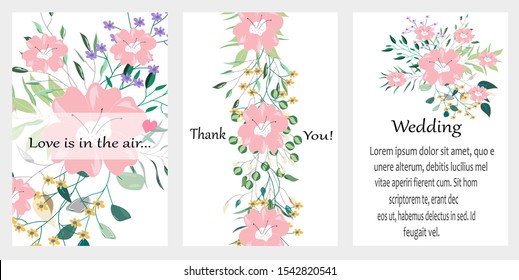 Vector cards with hand drawn flowers,leaves. Botanic  Design for banner, wedding, poster, invitation, cover, placard, brochure, header.