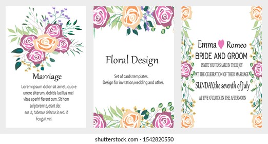 Vector cards with hand drawn flowers,leaves. Botanic  Design for banner, wedding, poster, invitation, cover, placard, brochure, header.