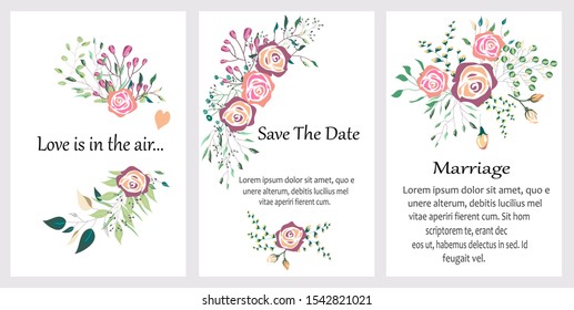 Vector cards with hand drawn flowers,leaves. Botanic  Design for banner, wedding, poster, invitation, cover, placard, brochure, header.