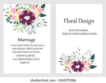 Vector cards with hand drawn flowers,leaves. Botanic  Design for banner, wedding, poster, invitation, cover, placard, brochure, header.