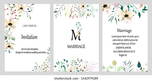 Vector cards with hand drawn flowers,leaves. Botanic  Design for banner, wedding, poster, invitation, cover, placard, brochure, header.
