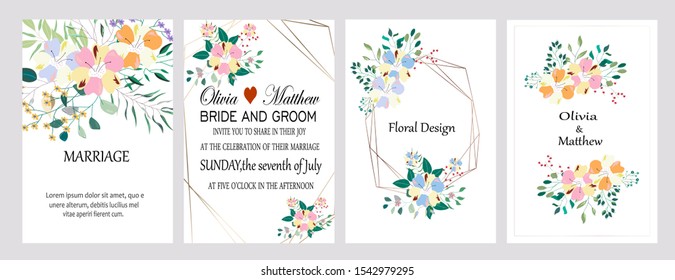 Vector cards with hand drawn flowers,leaves and geometric. Botanic  Design for banner, wedding, poster, invitation, cover, placard, brochure, header.