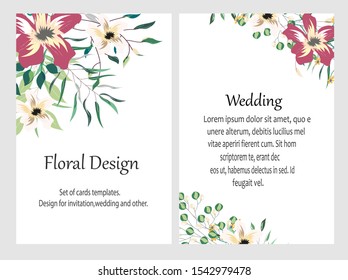 Vector cards with hand drawn flowers,leaves. Botanic  Design for banner, wedding, poster, invitation, cover, placard, brochure, header.