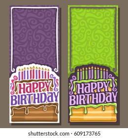 Vector cards Happy Birthday: 11 burning candles on celebration cake with drip chocolate, greeting lettering title text happy birthday, congratulations with happy holiday clip art on curly background.