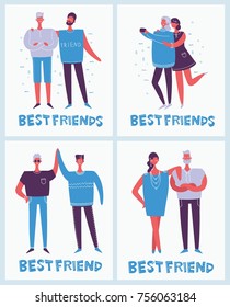 Vector cards with happy fashion people in flat style - best friends in casual clothes. 