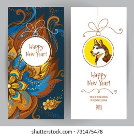 Vector cards with a illustration of dog, symbol of 2018 on the Chinese calendar. Decoration with floral patterns. Element for New Year's design. Used for advertising, greetings, discounts.