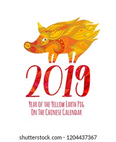 Vector cards with a illustration of pig, symbol of 2019 on the Chinese calendar and Сhinese traditional golden pattern. Element for New Year's design.