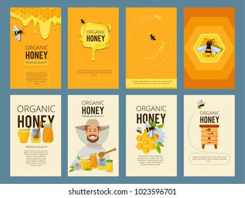 Vector cards with illustrations of apiary. Pictures of honey, beehive and waxing. Beekeeping and sweet golden honey