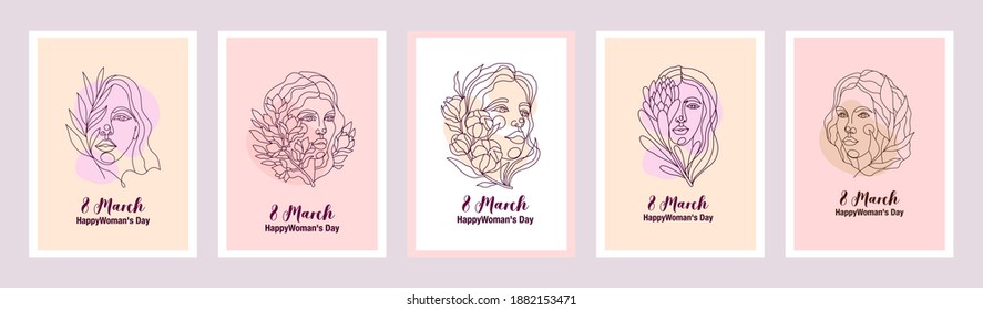 Vector cards with illustrations with women faces. International womens day series of postcards. Sisterhood and Feminism. Set of graceful line art postcards.