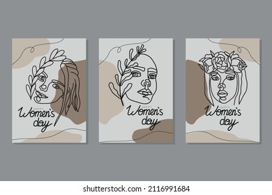 Vector cards with illustrations with women faces. International womens day series of postcards. Sisterhood and Feminism. Set of one line art postcards.