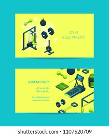 Vector cards with isometric gym equipment objects for gym illustration