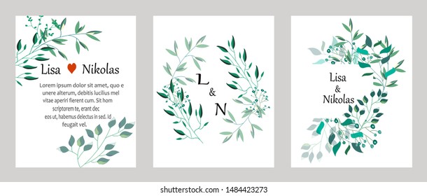Tarjetas vectoras con hojas. Diseño botánico para banner, boda, afiche, invitación, portada, pancarta, folleto, cabecera.