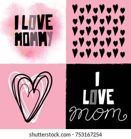 Vector cards with loving mommy. Design elements. Black and pink colors. Hearts and callygraphy.