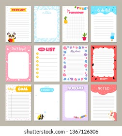 Vector cards for notebook, diary, stickers and other template. Cute cartoon illustration.
