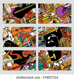 Vector Cards, Notes and Banners with Collection of Music Instruments. Hand drawn illustration in Doodle Style.