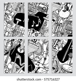 Vector Cards, Notes and Banners with Collection of Music Instruments. Hand drawn illustration in Doodle Style.