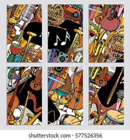 Vector Cards, Notes and Banners with Collection of Music Instruments. Hand drawn illustration in Doodle Style.