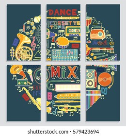 Vector Cards, Notes and Banners with Collection of Music Instruments. Hand drawn illustration in Doodle Style.