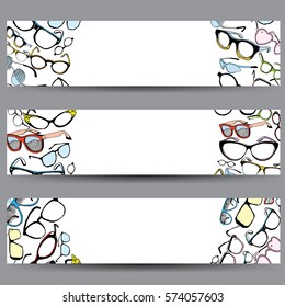 Vector Cards, Notes and Banners with Colorful Vintage and Modern Glasses. Ophthalmology. 