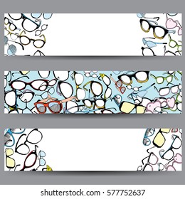 Vector Cards, Notes and Banners with Colorful Vintage and Modern Glasses. Ophthalmology. 