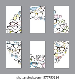 Vector Cards, Notes and Banners with Colorful Vintage and Modern Glasses. Ophthalmology. 