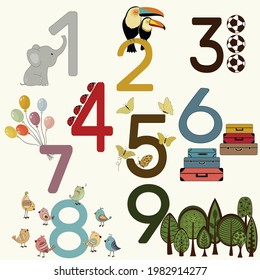 Vector cards with numbers for children. Learning numbers.