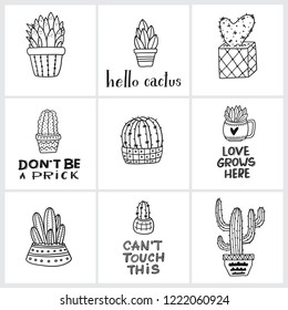 Vector cards with outline cacti  in pots and lettering. Collection of exotic plants. Decorative natural elements are isolated on white. Cactus with flowers.