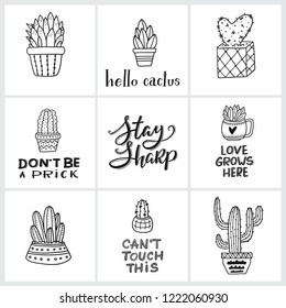 Vector cards with outline cacti  in pots and lettering. Collection of exotic plants. Decorative natural elements are isolated on white. Cactus with flowers.