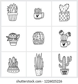 Vector cards with outline cacti  in pots. Collection of exotic plants. Decorative natural elements are isolated on white. Cactus with flowers.