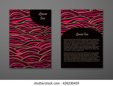 Vector cards with pattern, abstract waves texture. 
Colorful sea background. Layout template front page and back 
page.