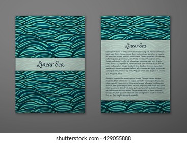 Vector cards with pattern, abstract waves texture. 
Colorful sea background. Layout template front page and back 
page.