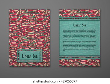 Vector cards with pattern, abstract waves texture. 
Colorful sea background. Layout template front page and back 
page.