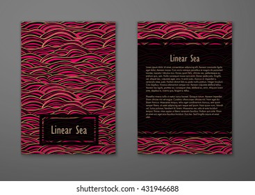 Vector cards with pattern, abstract waves texture. 
Colorful sea background. Layout template front page and back 
page.