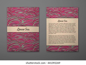 Vector cards with pattern, abstract waves texture. 
Colorful sea background. Layout template front page and back 
page.