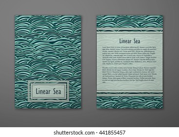 Vector cards with pattern, abstract waves texture. Colorful sea background. Layout template front page and back page.