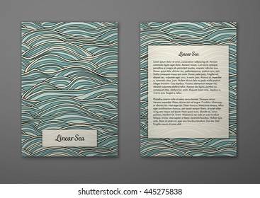 Vector cards with pattern, abstract waves texture. 
Colorful sea background. Layout template front page and back 
page.