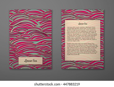 Vector cards with pattern, abstract waves texture. 
Colorful sea background. Layout template front page and back 
page.