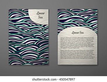 Vector cards with pattern, abstract waves texture. 
Colorful sea background. Layout template front page and back 
page.