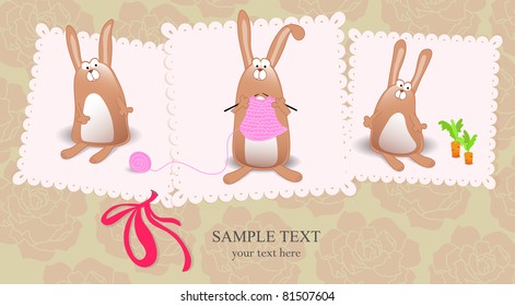 Vector cards with rabbits knitting pink clothes for newborn girl