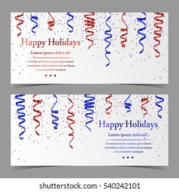 Vector cards with red and blue serpentine, ribbon, dust confetti isolated on white background. Elements for banner, holiday design, logo, web, invitation, business, party. Vector illustration.