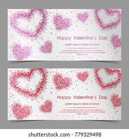 Vector cards with red and pink hearts, dust confetti isolated on white background. Elements for banner, holiday design, logo, web, invitation, party. Vector illustration for Valentines day.