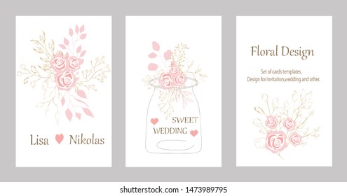 Vector cards with roses,leaves. Botanic Design for banner, wedding, poster, invitation, cover, placard, brochure, header.